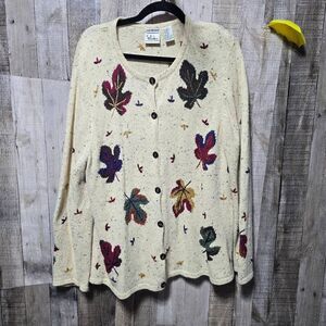 Christopher & Banks Vintage Y2K Beige Laaf Embroidered Cardigan Sweater 1x Fall